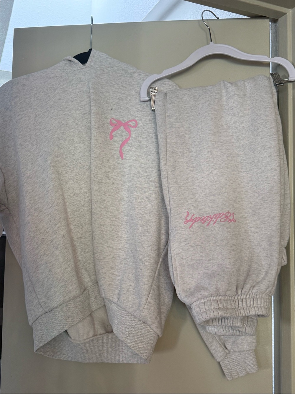 Edikted Light Gray Hoodie & Sweatpants Set with Pink Accents